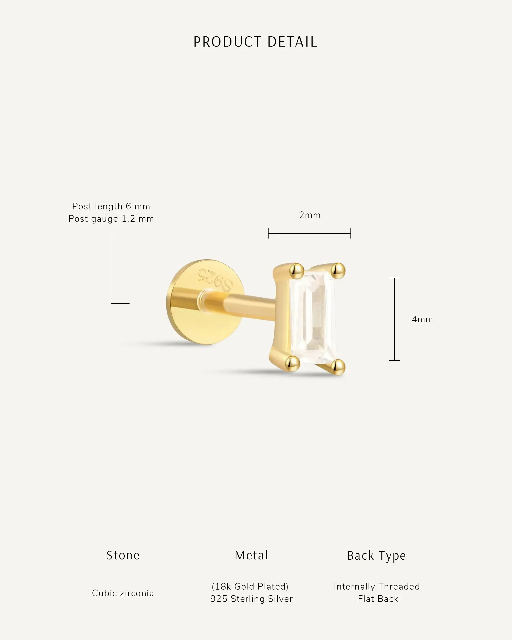 Baguette Cartilage Flat Back Stud in Gold - Image 7