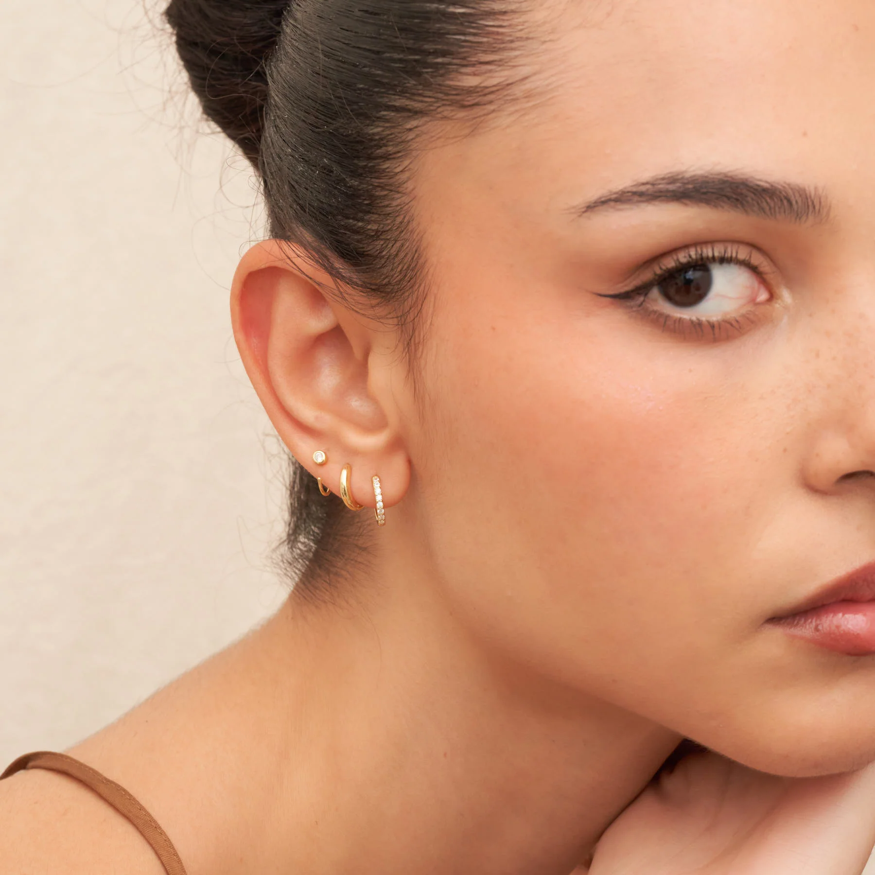 Bezel Crystal Open Hoop Earrings In Gold - Image 2