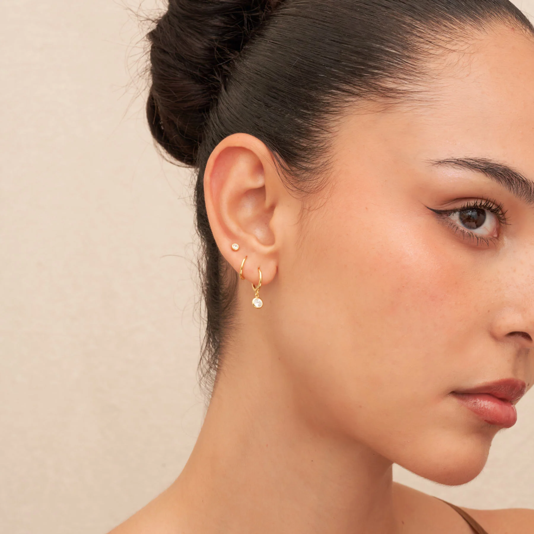 Bezel Drop Dangle Hoops in Gold - Image 3