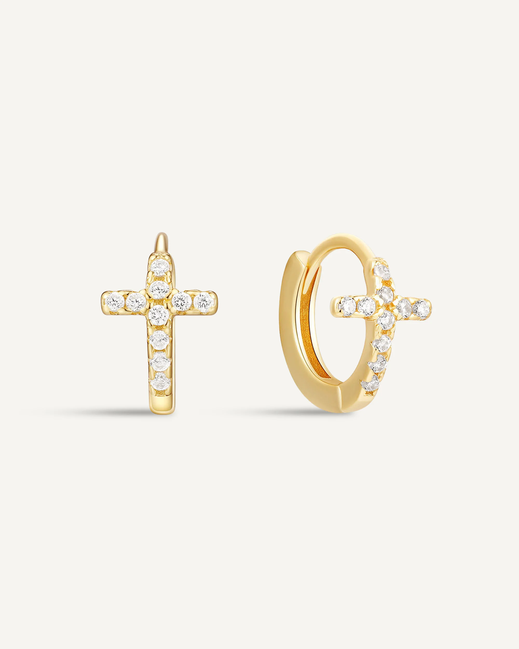 Crystal Paved Cross Huggie Hoops In Gold
