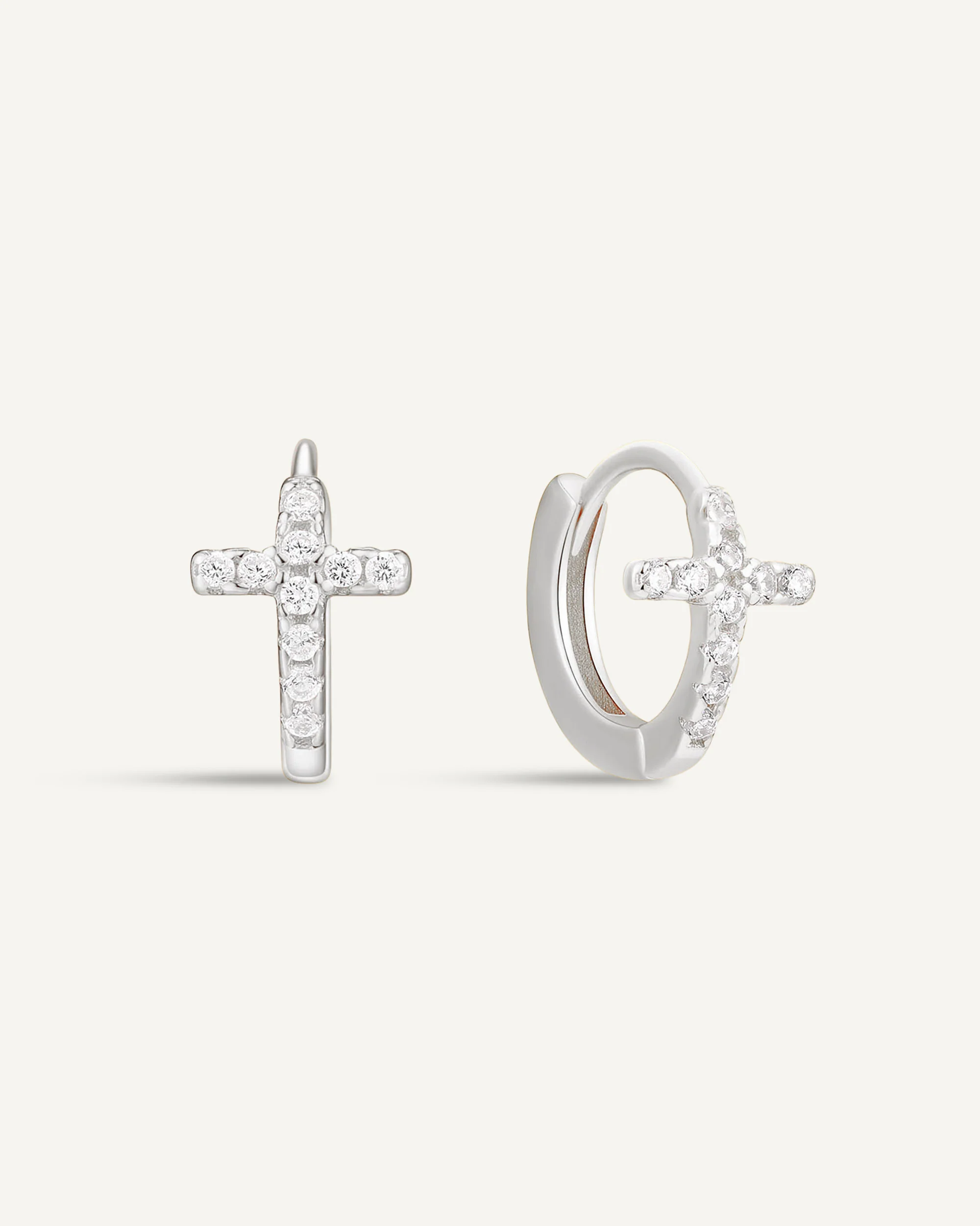 Crystal Paved Cross Huggie Hoops In Silver