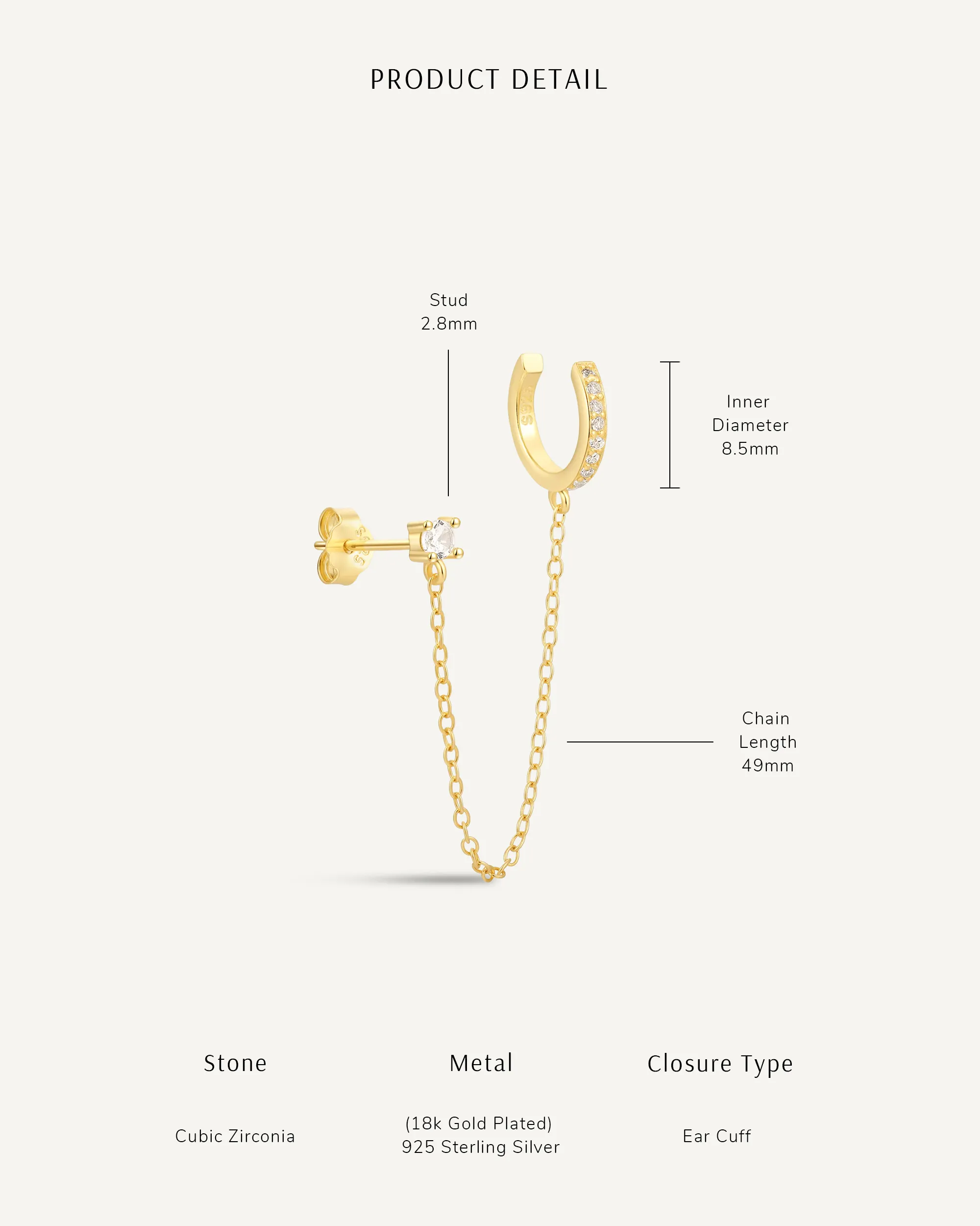 Crystal Stud Chain Ear Cuff in Silver - Image 5