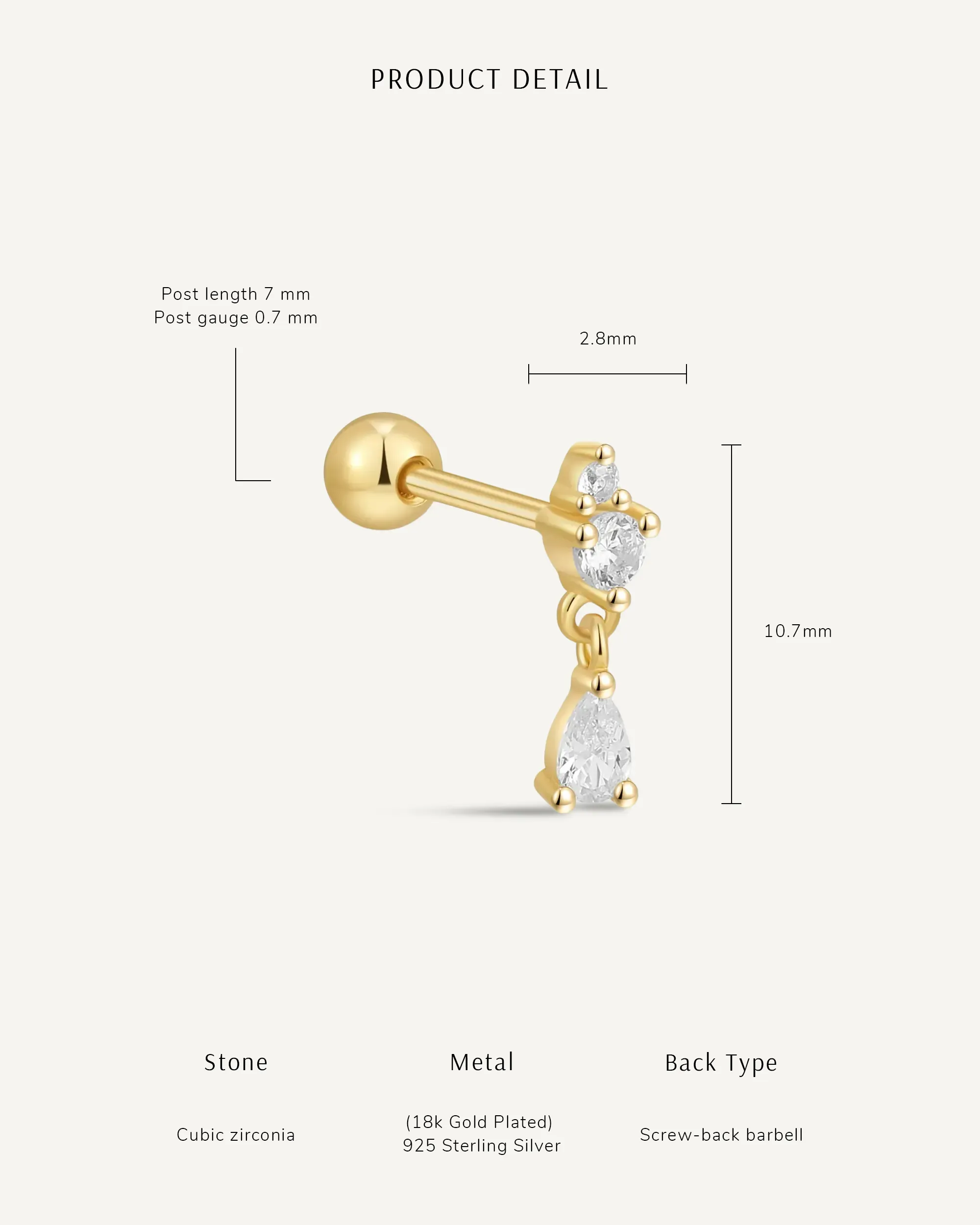 Crystal Teardrop Barbell Stud In Gold - Image 7