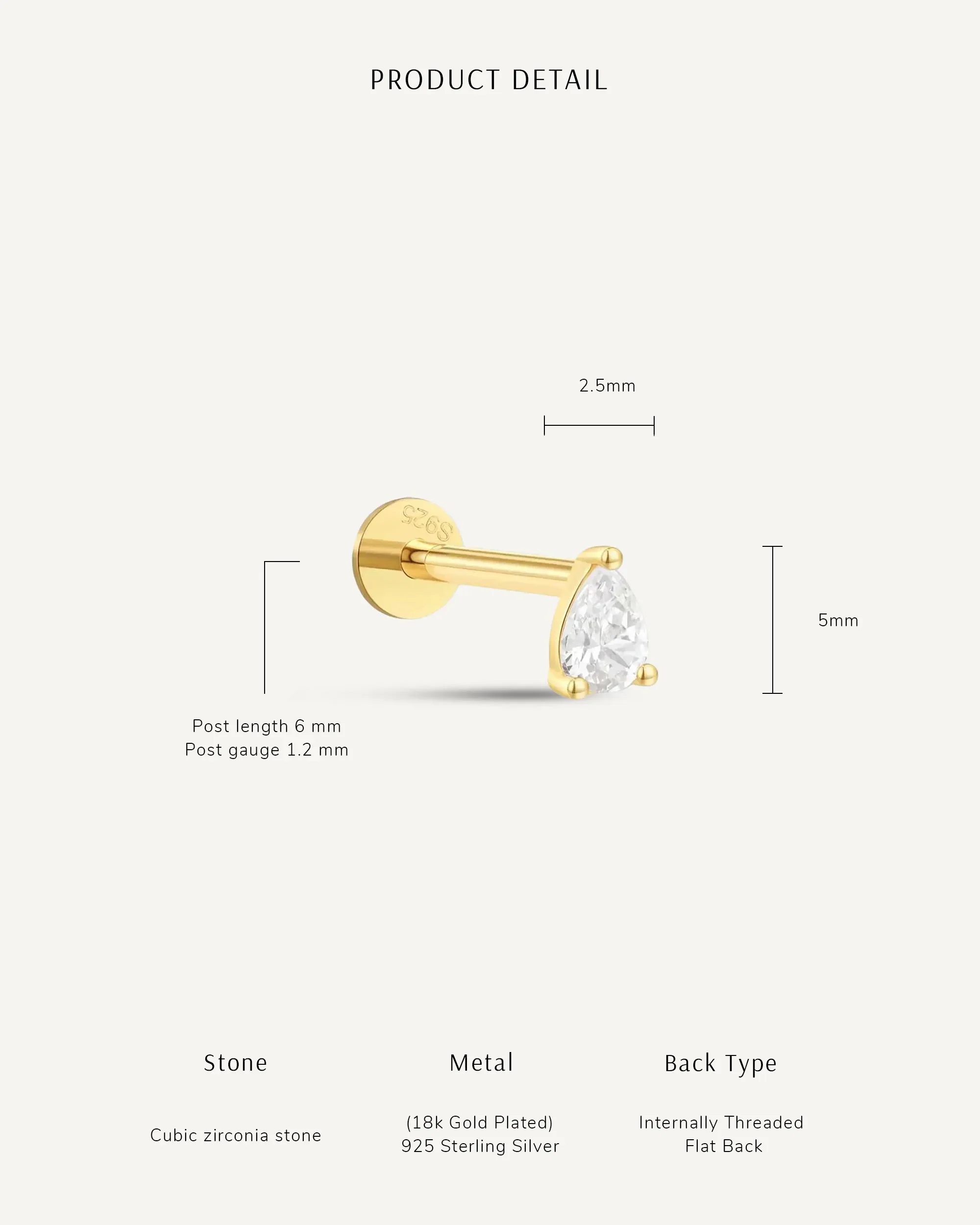 CZ Teardrop Flat Back Studs In Gold - Image 6