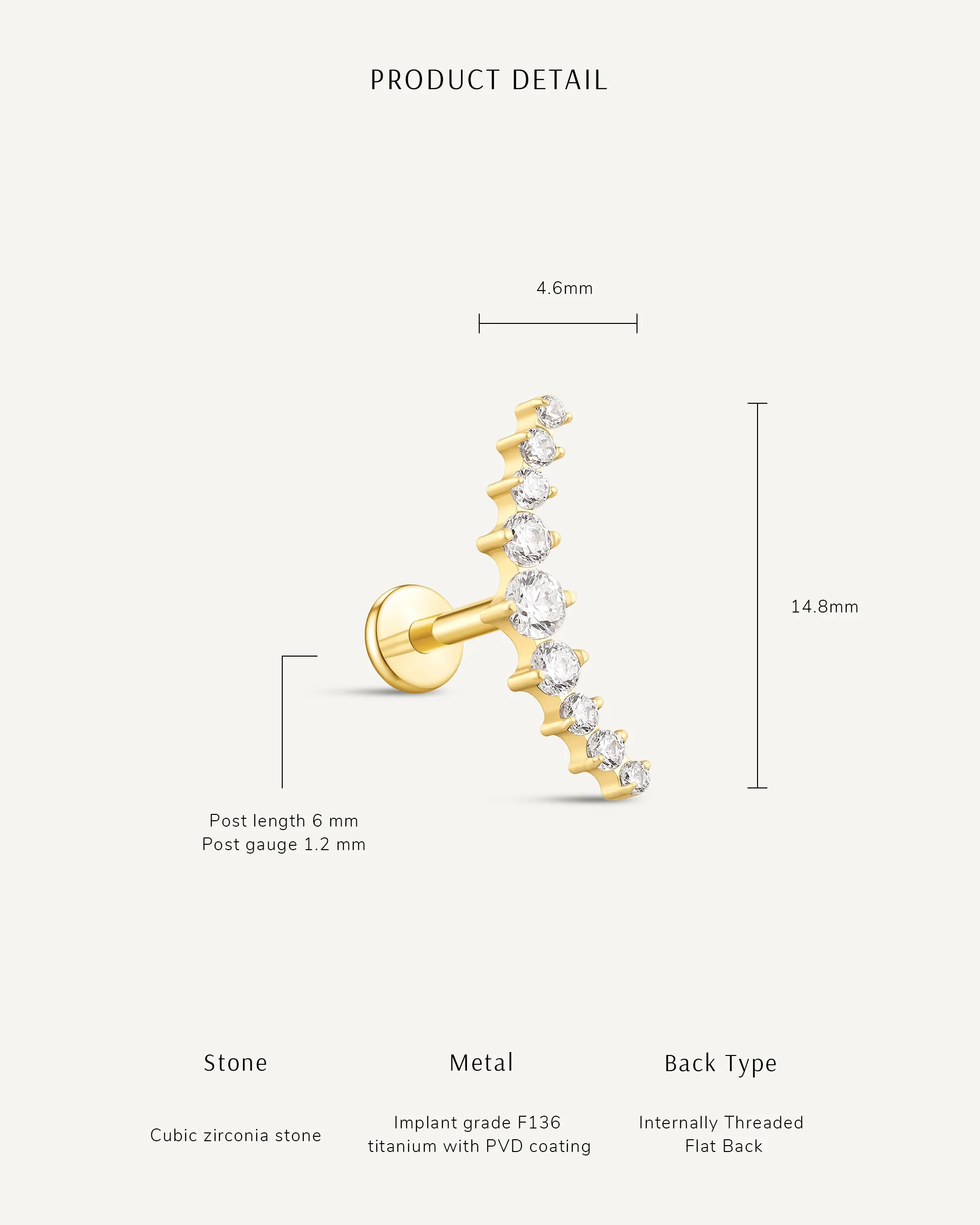 CZ Arc Climber Titanium Flat Back Stud In Silver - Image 4