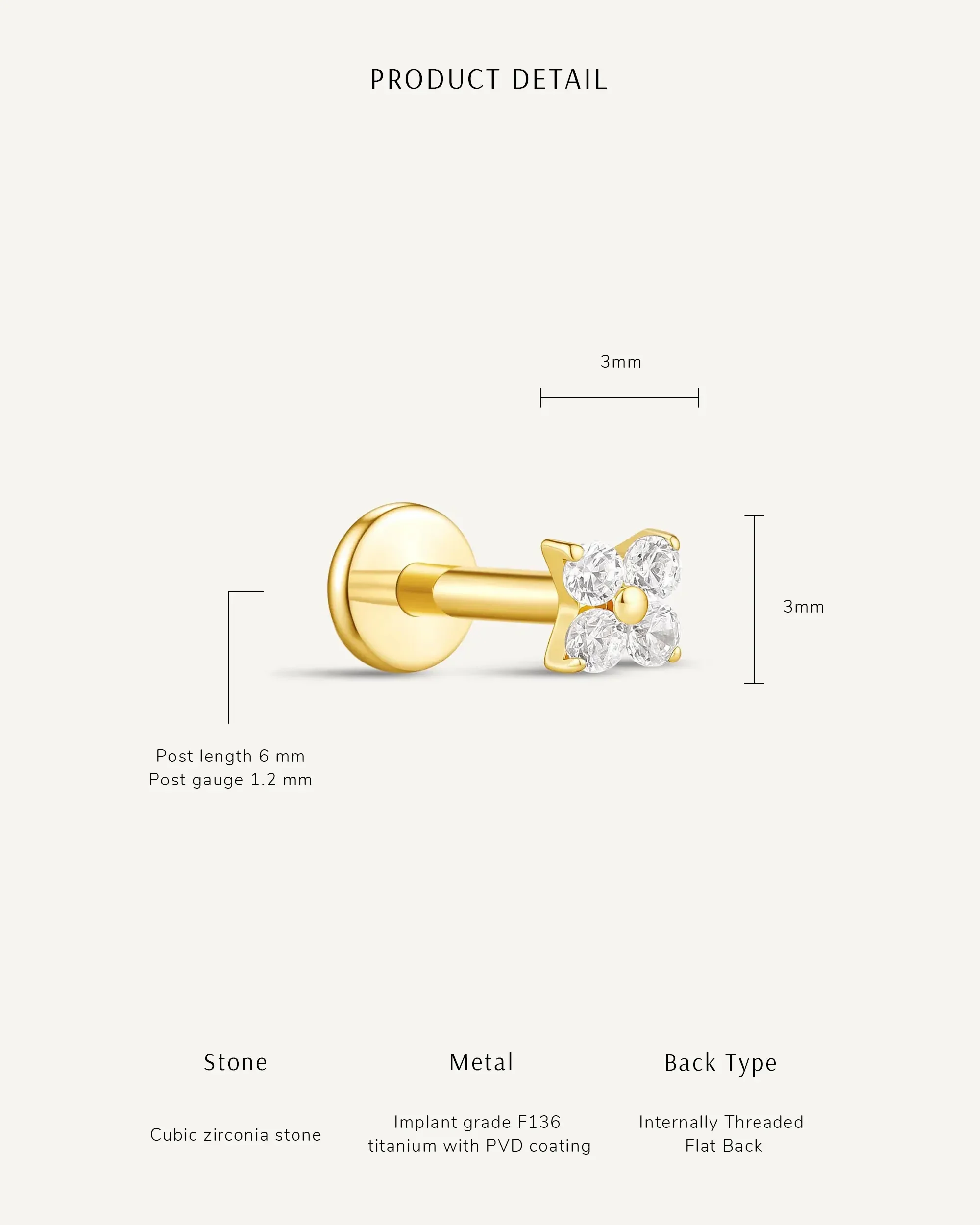 CZ Clover Titanium Flat Back Stud in Silver - Image 5