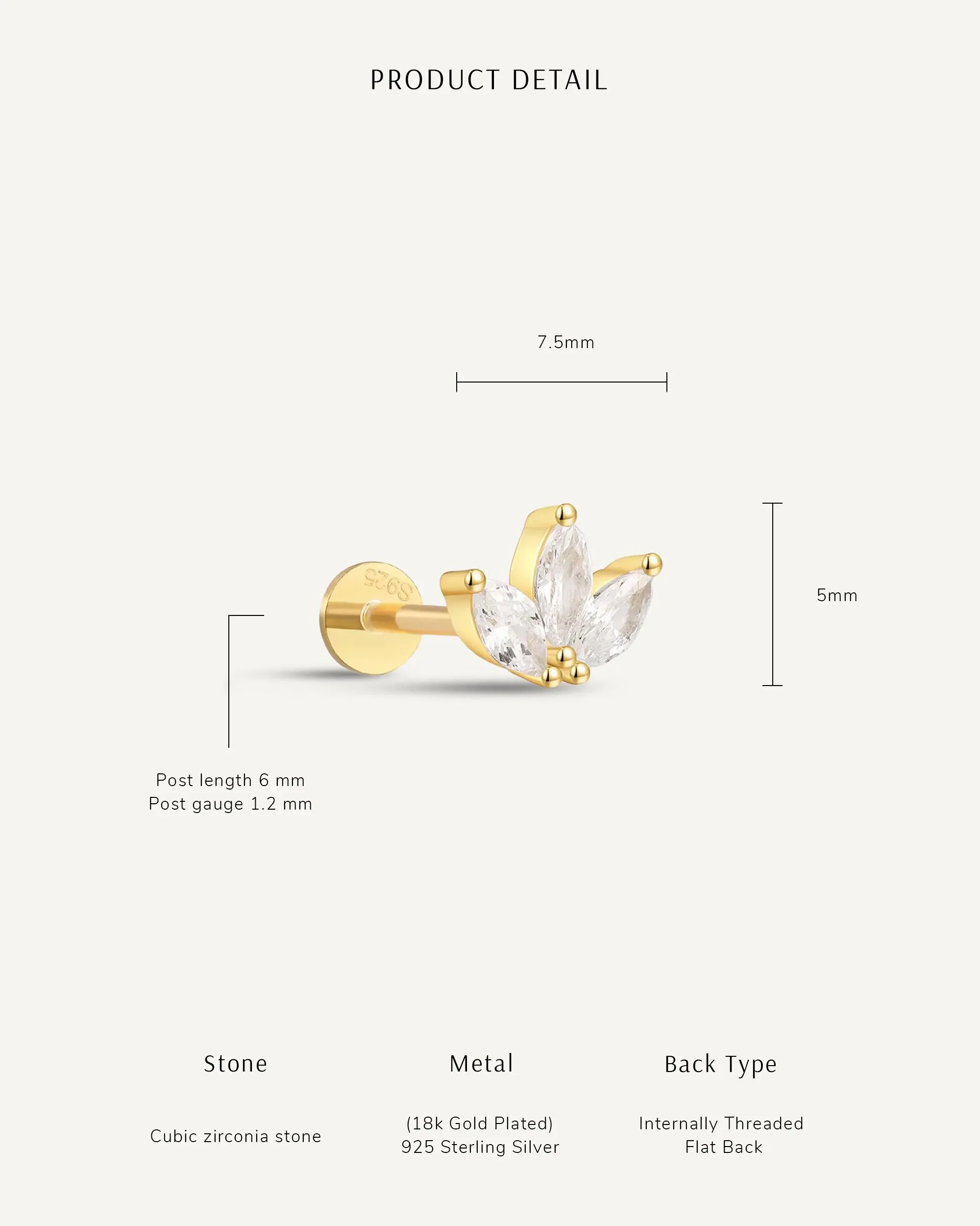 CZ Marquise Flat Back Studs in Gold - Image 5
