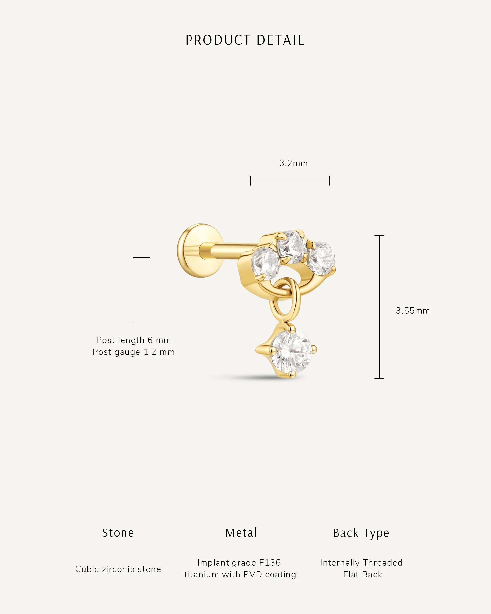 Dangle CZ Titanium Flat Back Studs In Silver - Image 5