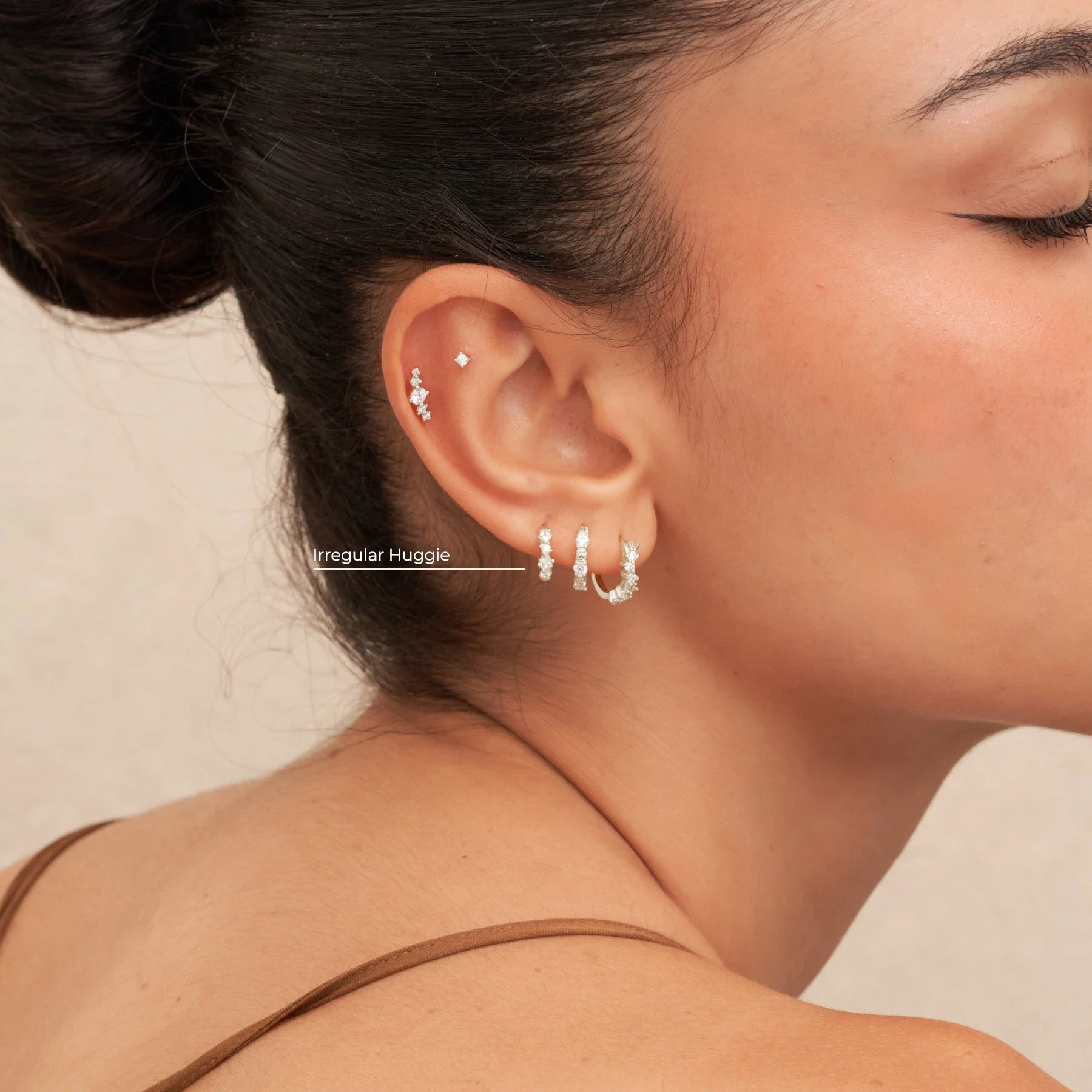 Irregular Crystal Huggie Hoops in Silver - Image 3