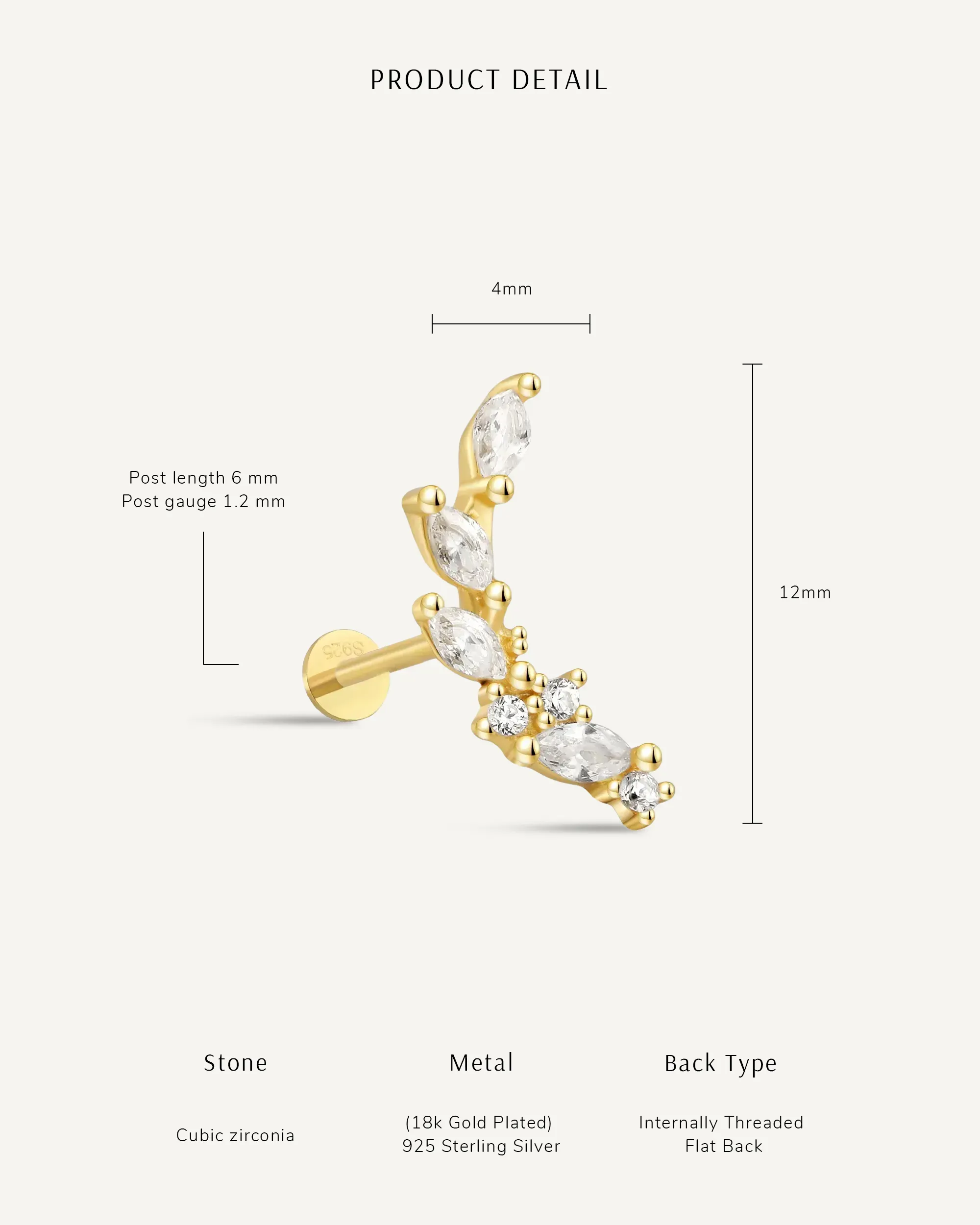 Marquise Flat Back Climber Studs In Gold - Image 4