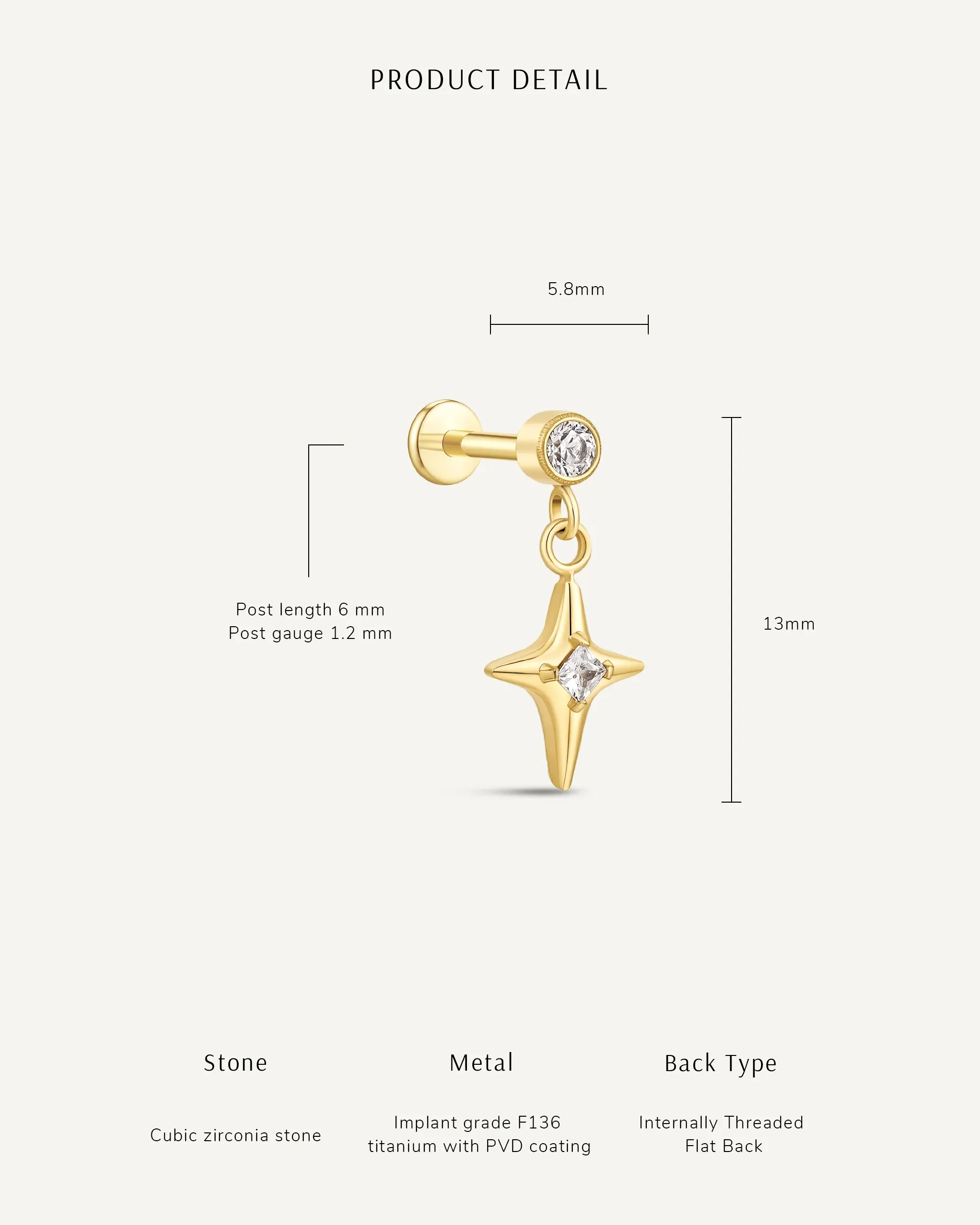 North Star Titanium Flat Back Studs In Gold - Image 5