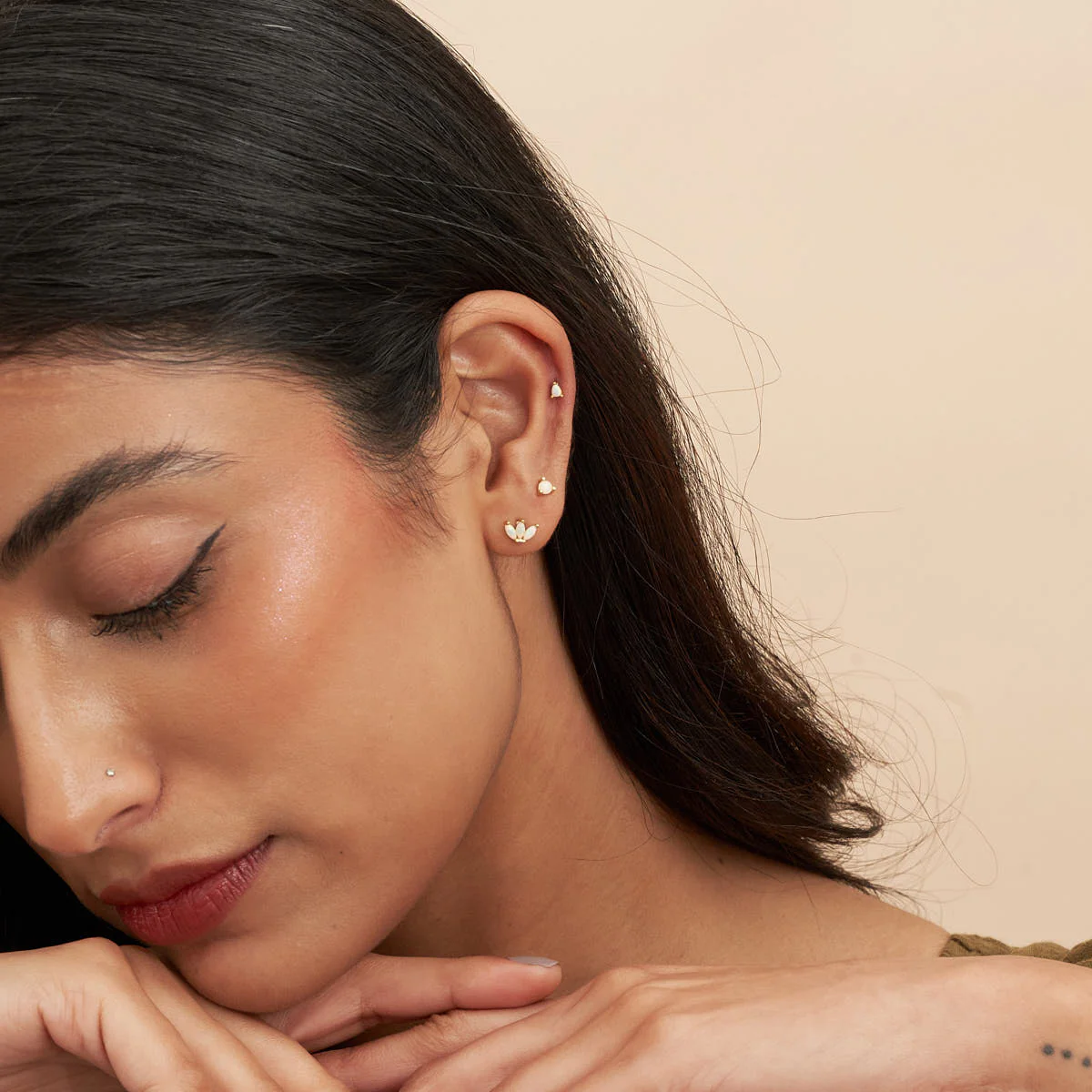 Opal Flat Back Stud Earrings Set in Gold - Image 4