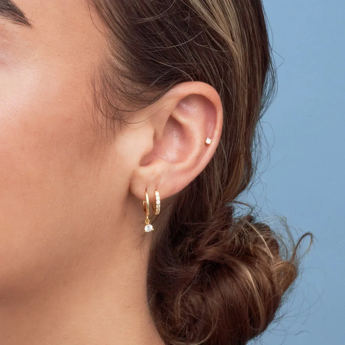 Round Gem Dangle Hoops in Gold - Image 3