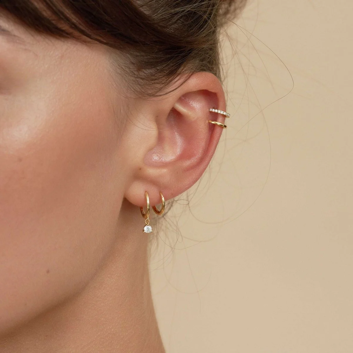 Round Gem Dangle Hoops in Gold - Image 5