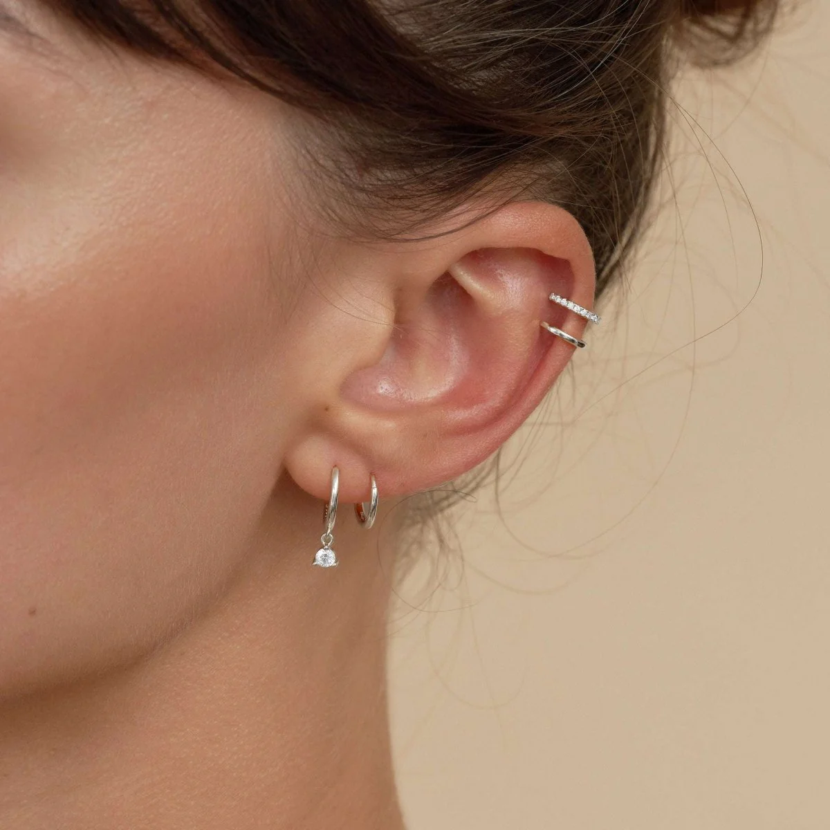 Round Gem Dangle Hoops in Silver - Image 5