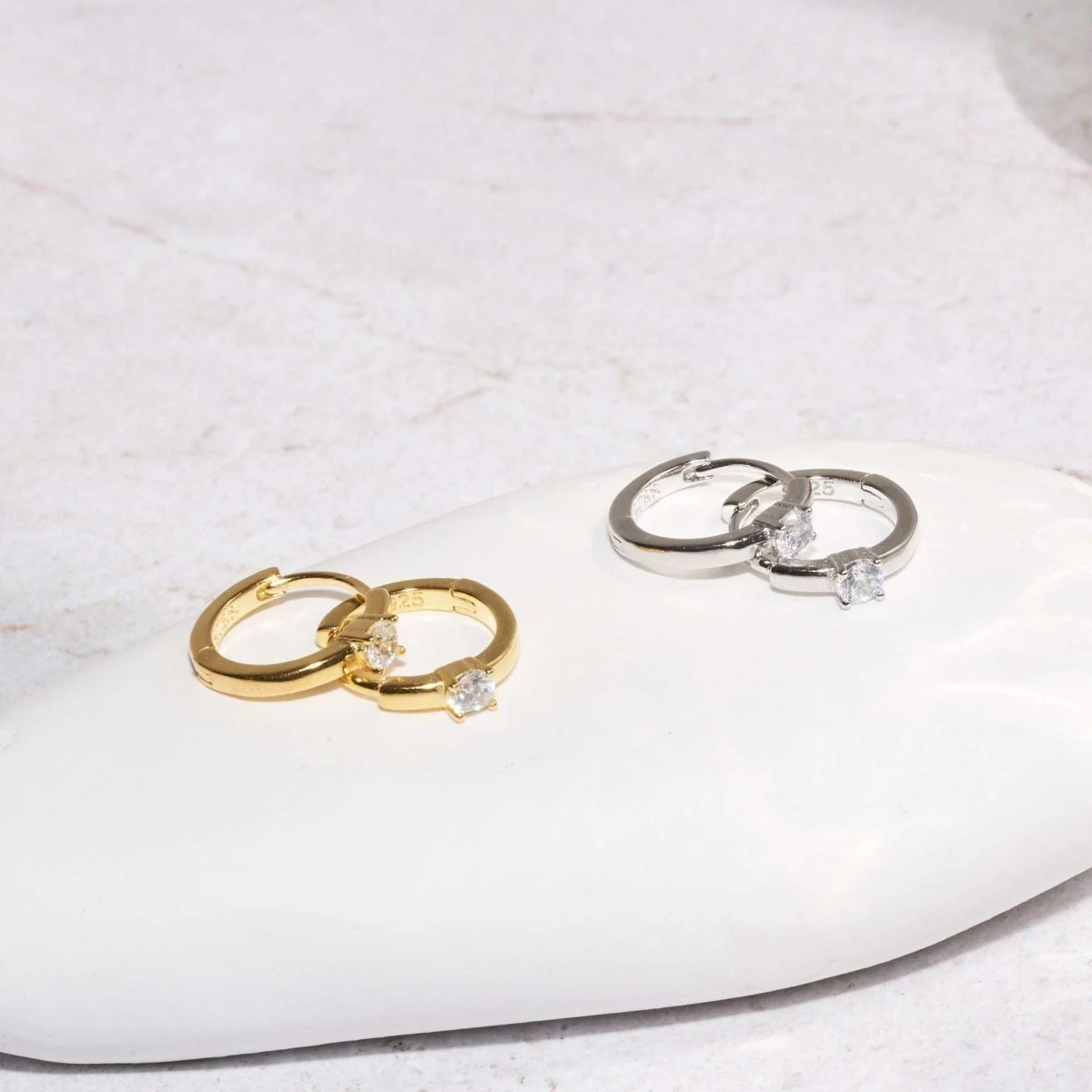 Solitaire Crystal Huggie Hoops In Silver - Image 3
