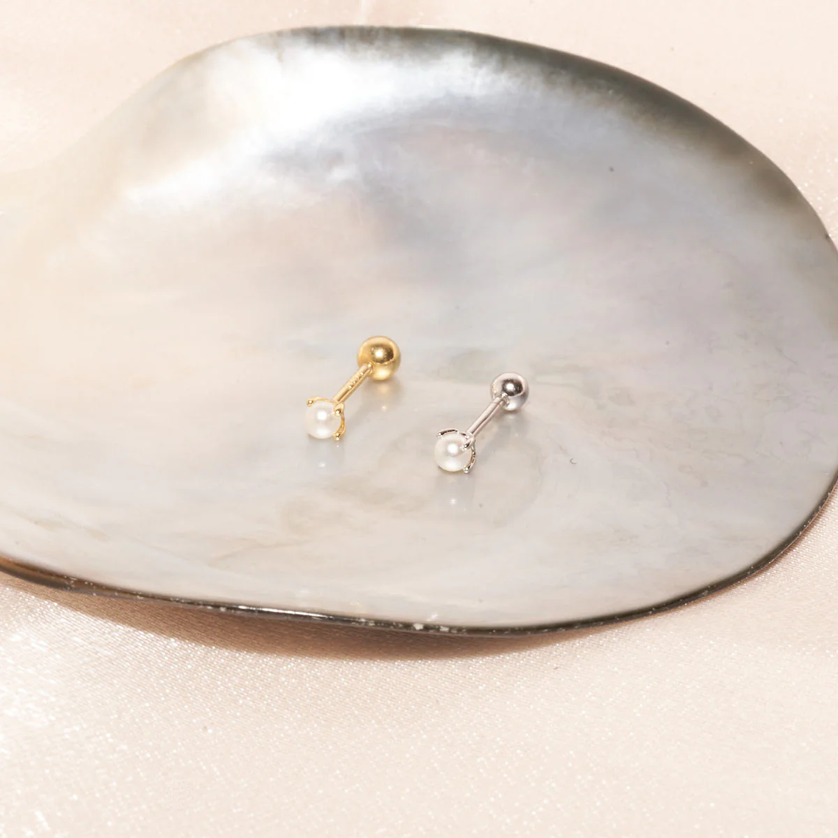 Tiny Pearl Barbell Helix Stud In Gold - Image 3