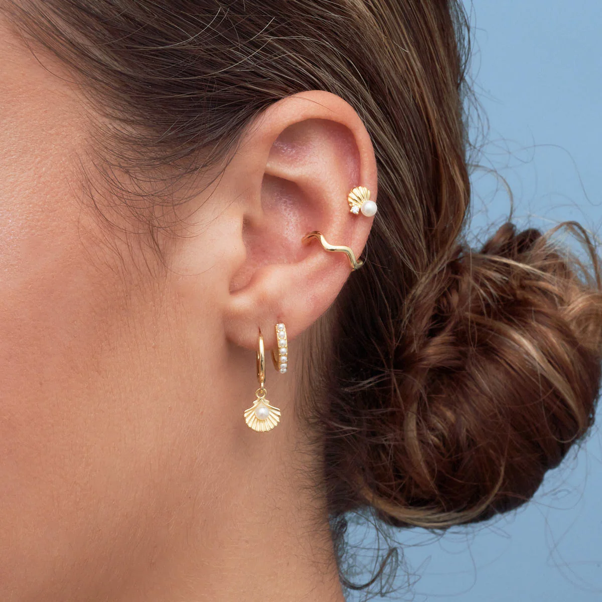 Tiny Shell & Pearl Barbell Studs In Gold - Image 3