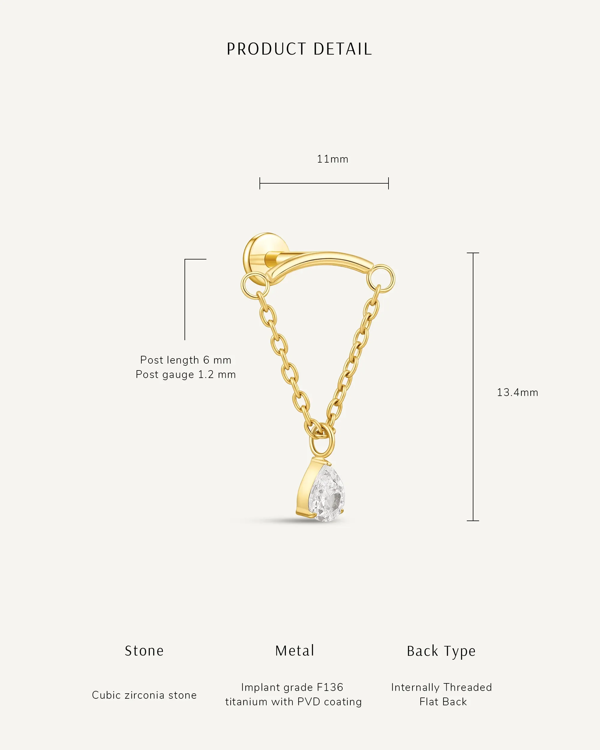 Titanium Teardrop Chain Flat Back Stud in Silver - Image 3