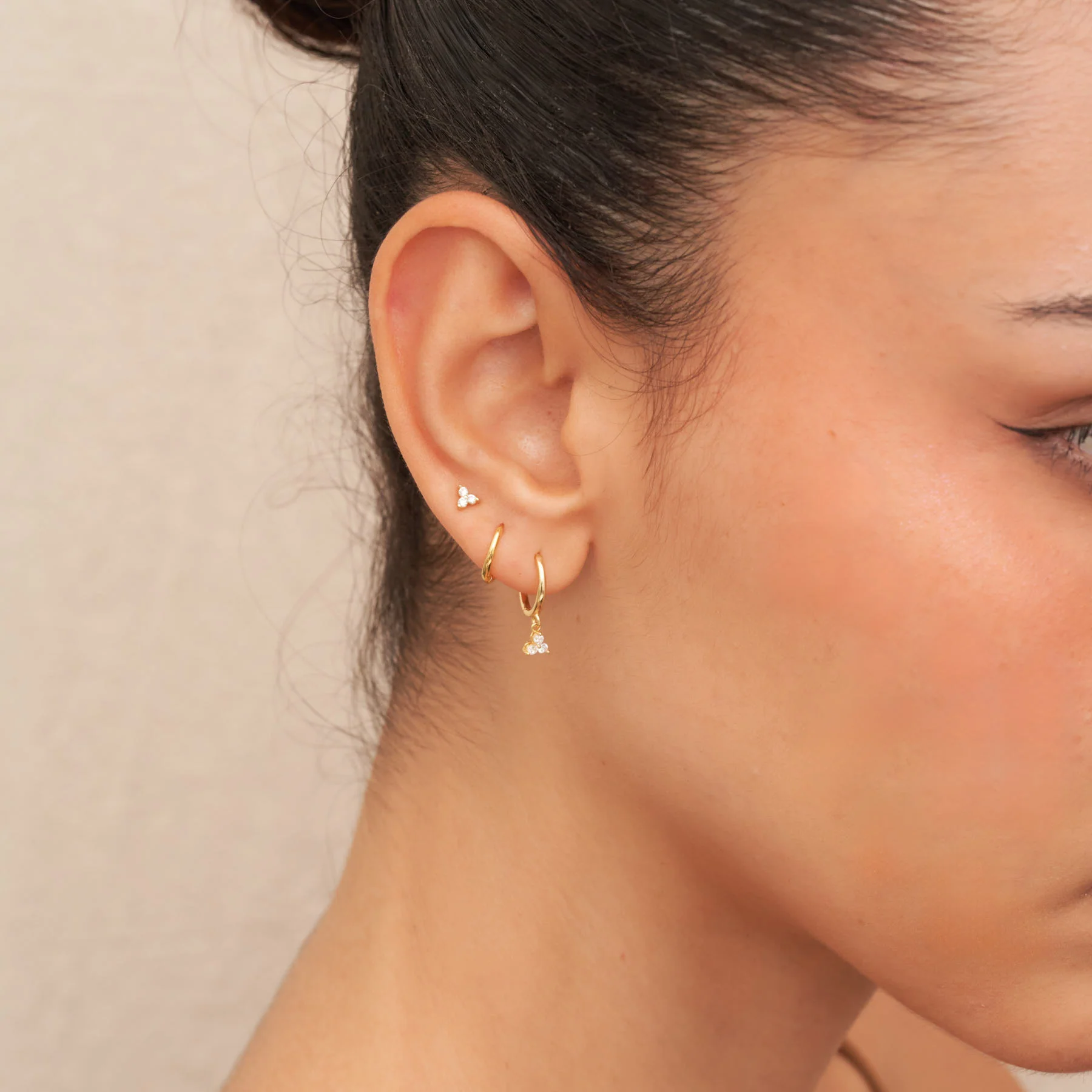 Triple Crystal Dangle Hoops in Gold - Image 3