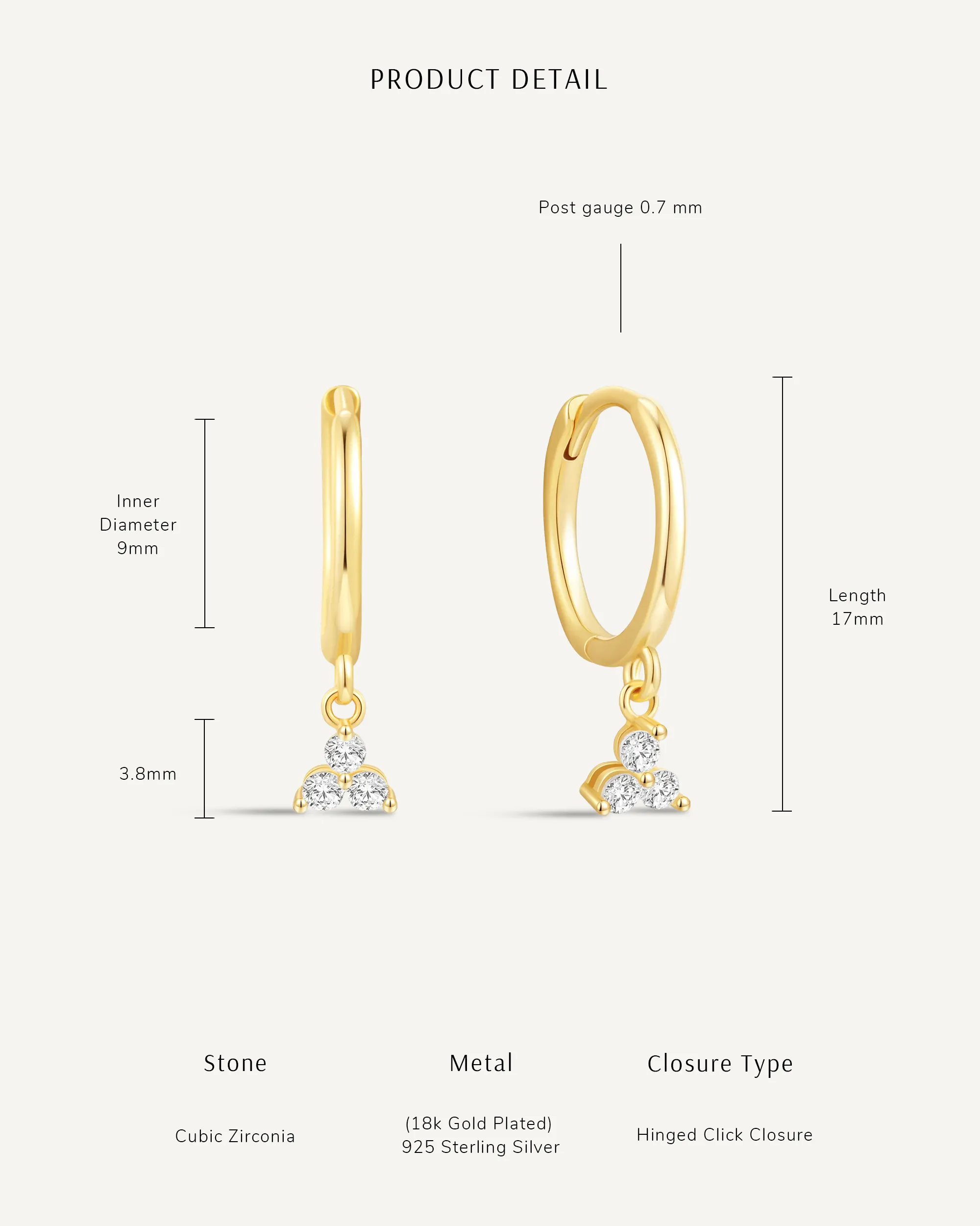 Triple Crystal Dangle Hoops in Gold - Image 4