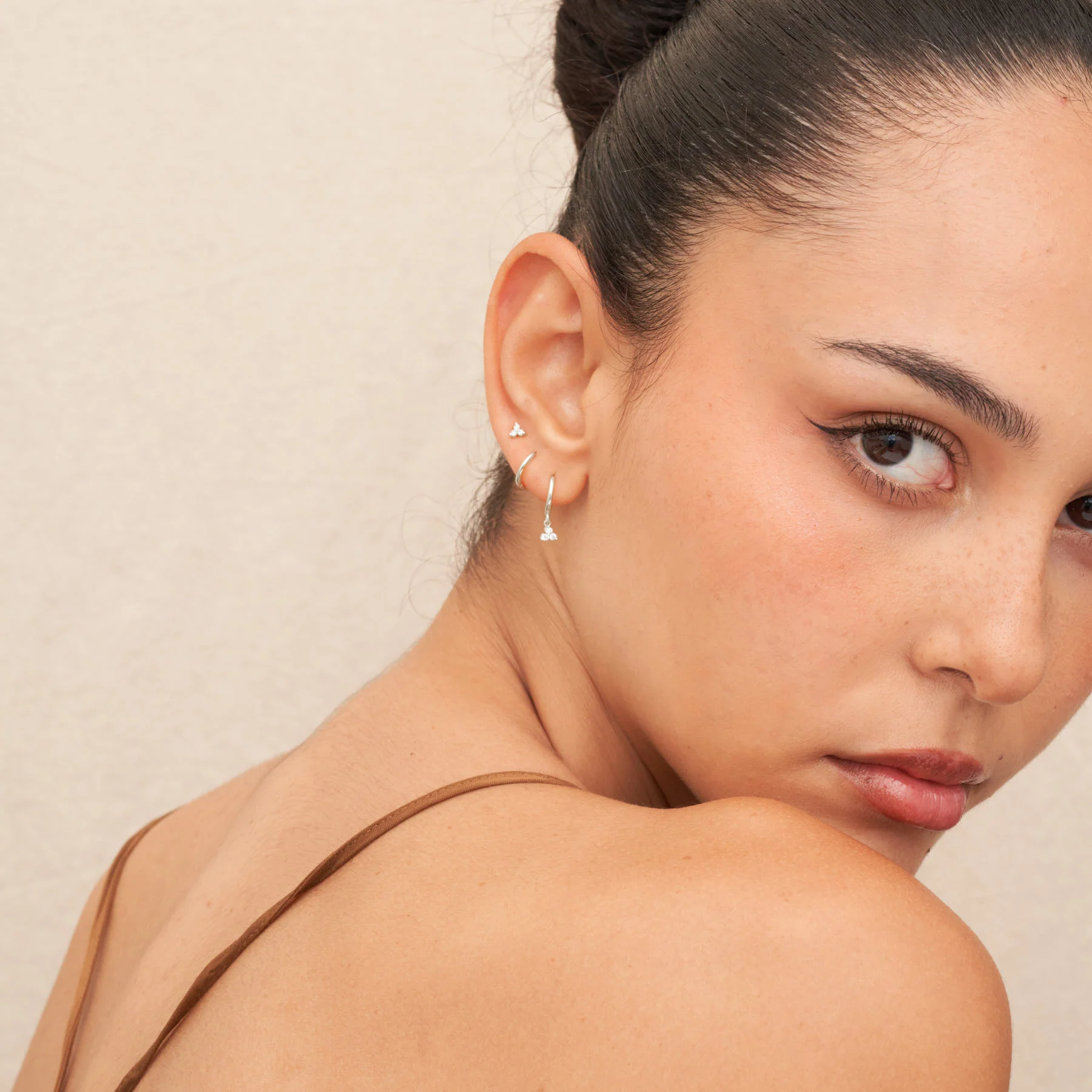 Triple Crystal Dangle Hoops in Silver - Image 3
