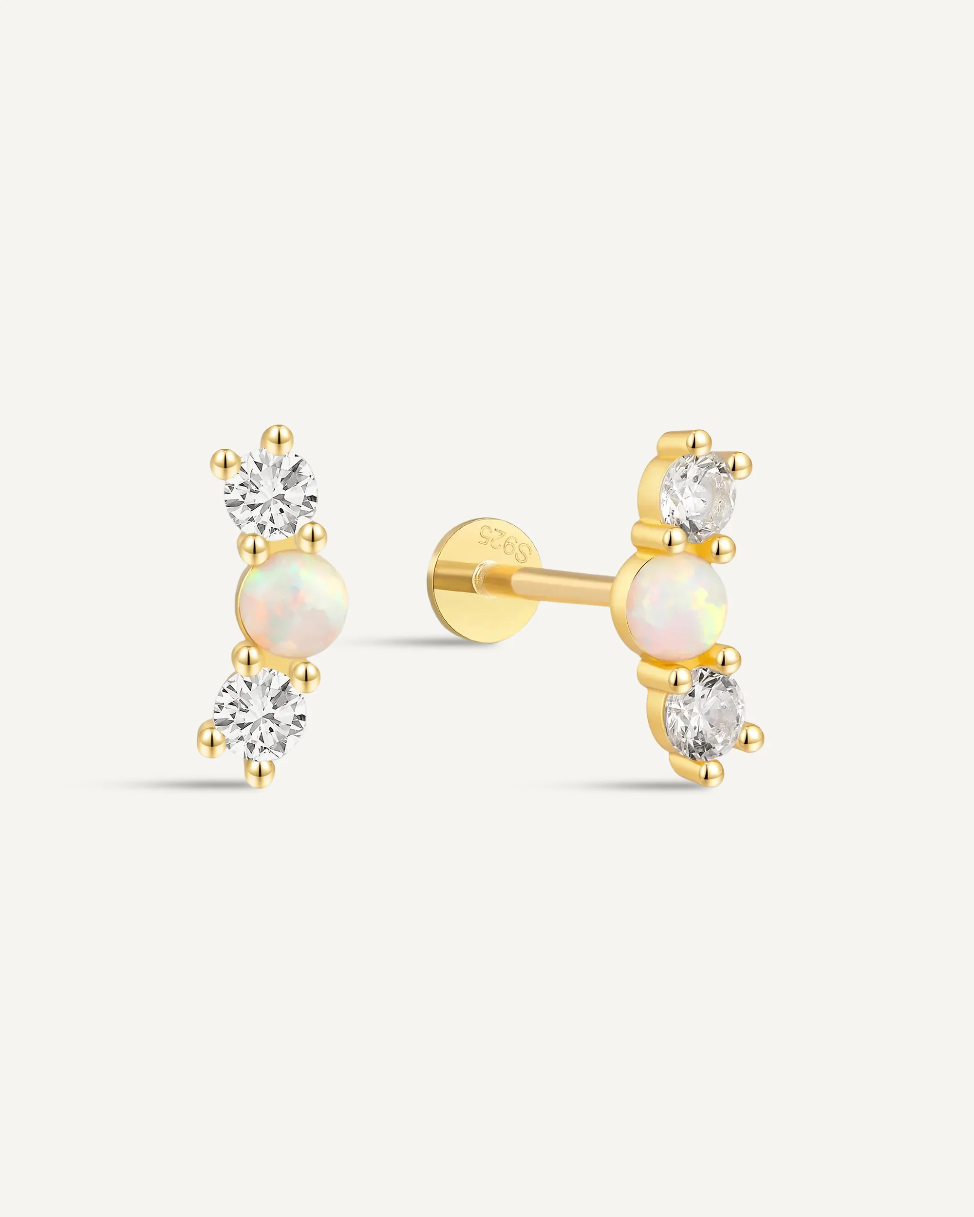 Triple Opal & CZ Flat Back Studs In Gold