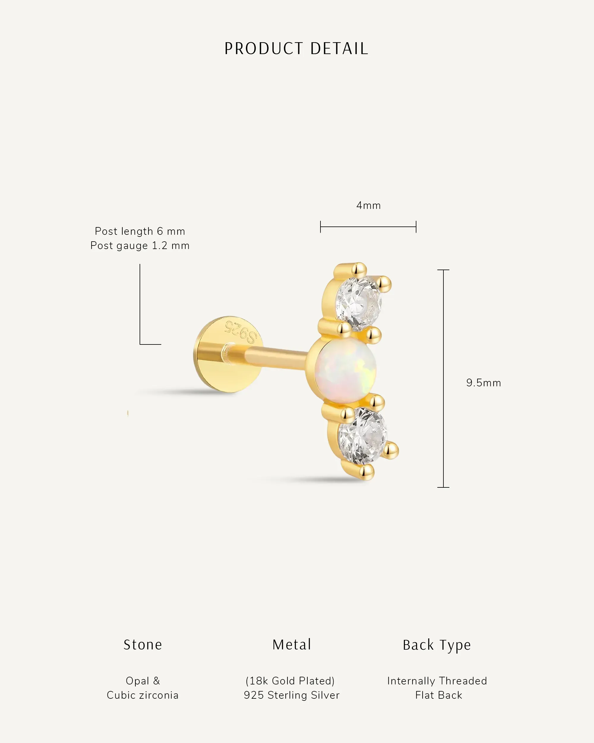 Triple Opal & CZ Flat Back Studs In Silver - Image 4